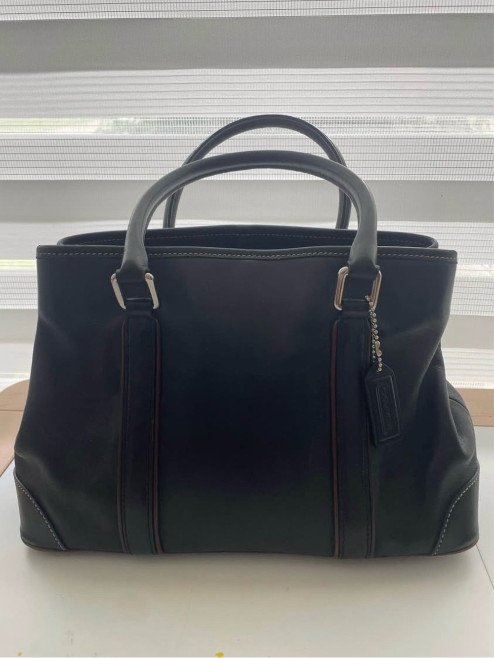 Vintage Coach 7586 Black Leather Top-Handle Tote with Hangtag Brown Accents